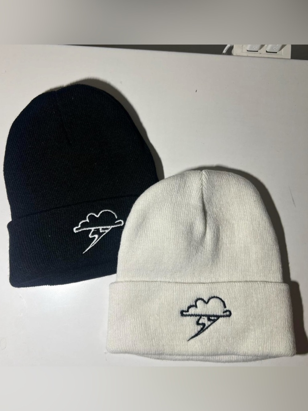 Cloud Lightning Embroidered Beanie - White and Black
